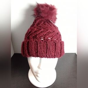NEW Crochet Knit Pom Cuffed Beanie Winter Hat, Skull Cap! Wine. Unisex. (OSFM)